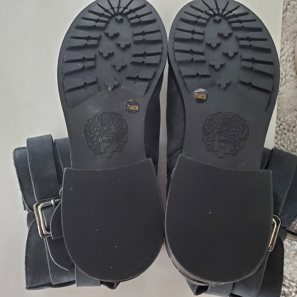 VINCE CAMUTO 7.5 WEBEY Dk Gray Suede Moto Boots Silver Buckle Strap Grunge Goth - Picture 13 of 16